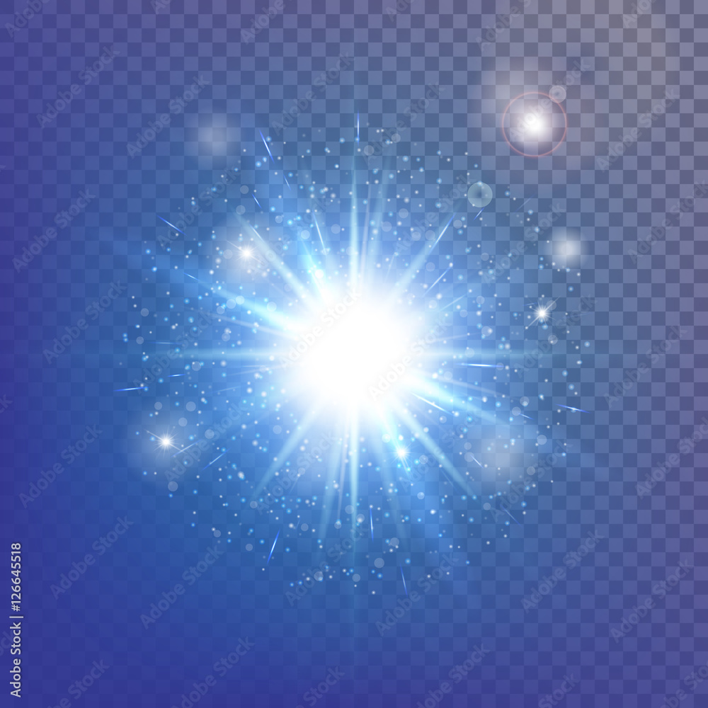Abstract light background. Blue bokeh. Burst vector. Sparkling stars. Sunlight rays. Illustration of a transparent backdrop.
