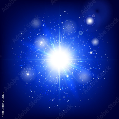Bling background. Abstract light. Glow vector. Christmas bokeh. Spotlight isolated. Illustration of a blue backdrop.
