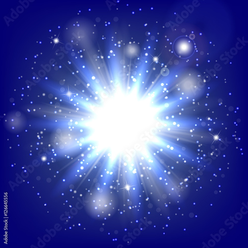 Bokeh background. Fairy lights. Lens flare vector. Christmas decoration. Illustration of a blue backdrop. 