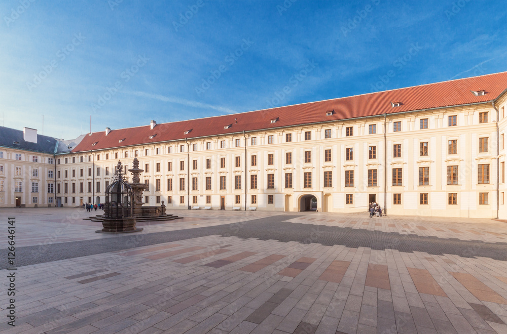 Second Courtyard of Prague Castle.
In the middle of courtyard there is Kohl’s fountain and the well a bit on the left.