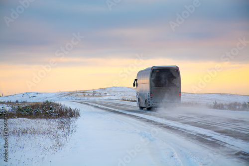 Bus driving on winter roads