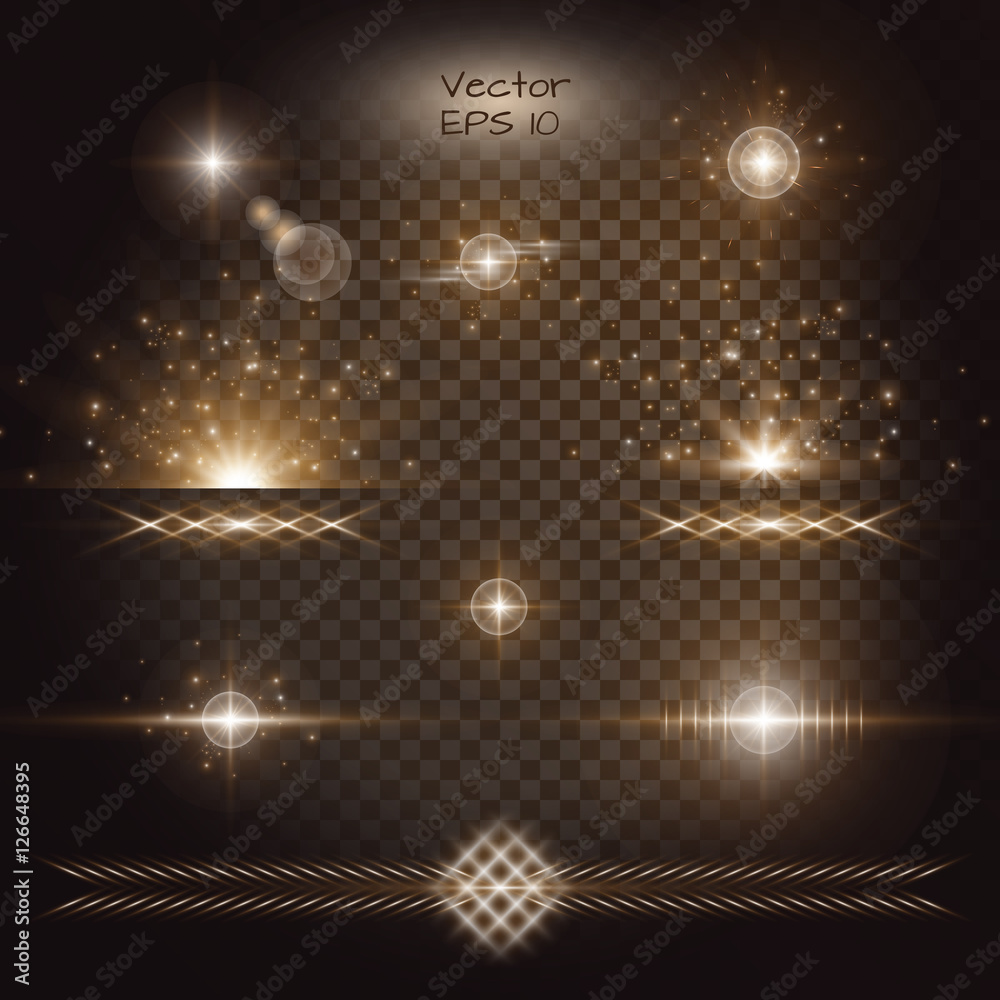 Lightning background. Gold bokeh. Lens flare vector. Set of golden light effects on a transparent backdrop.
