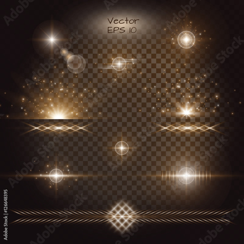 Lightning background. Gold bokeh. Lens flare vector. Set of golden light effects on a transparent backdrop.
