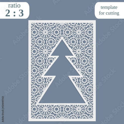 Laser cut christmas invitation card template. Cut out the paper card with lace pattern.  Greeting card template for cutting plotter. Congratulation to Christmas or New Year.  Metal plate cut by laser.