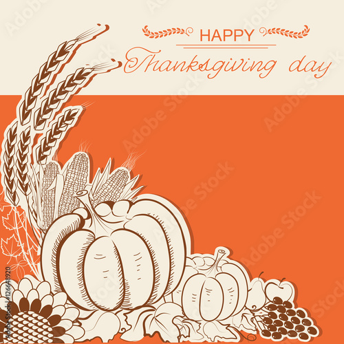Thanksgiving day card with pumpkins and decoration