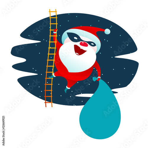 Vector illustration on Santa Claus masked superhero. Falling snowflakes. Bag with gifts and stockings. New Year, Christmas, Merry Christmas. Card, stickers, poster. Isolated on a white background