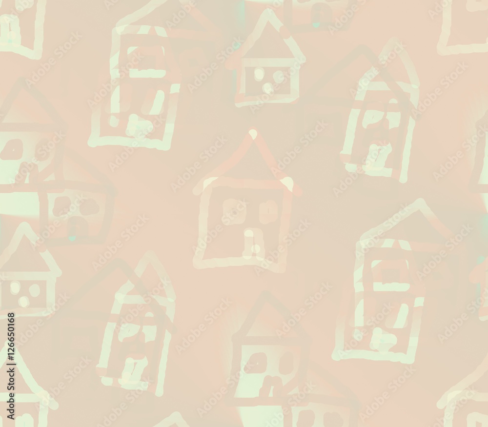 on a pink background hand painted green houses