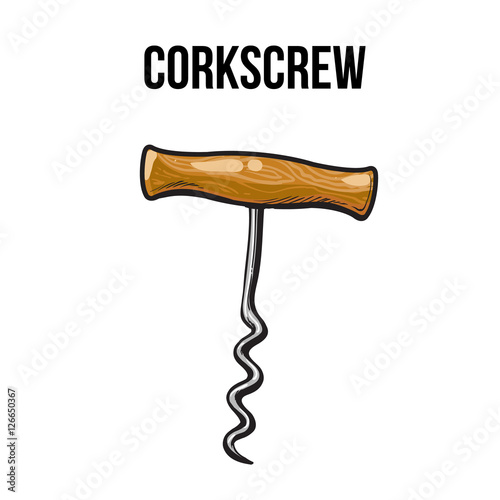 Old fashioned corkscrew with a metal spiral and wooden handle, sketch style vector illustration isolated on white background. Retro style stainless steel corkscrew or bottle opener