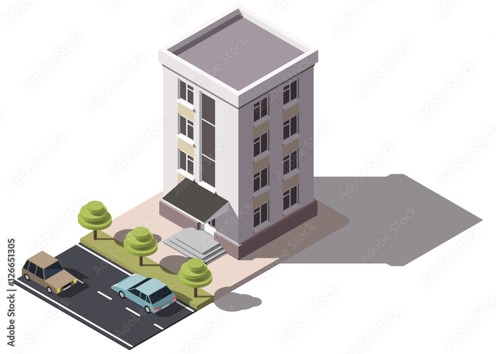 Public residential building isometry. Isometric view of the house and cars. 3D object for video games or real estate advertising. For Your business. Vetor Illustration