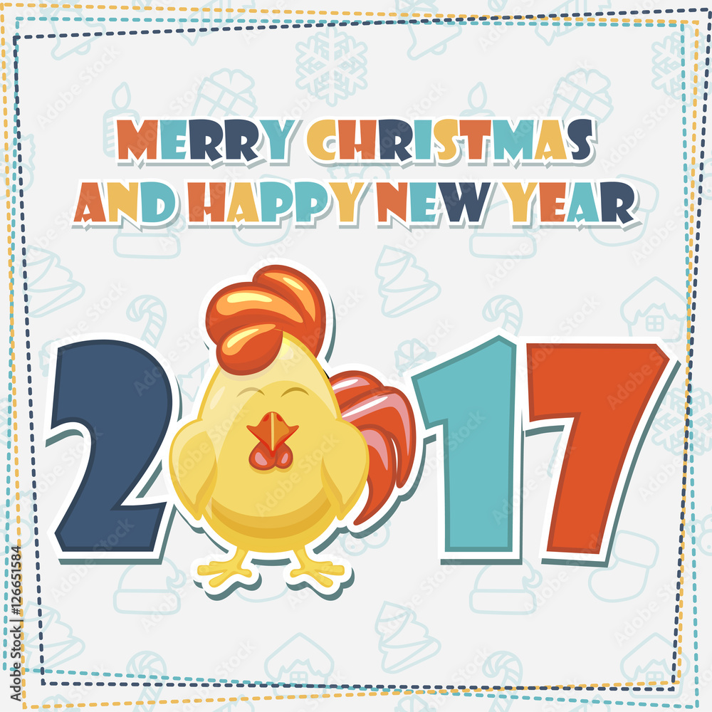 Fototapeta premium Set greeting card, Symbol Merry Christmas and Happy New Year - sticker Cute yellow cartoon Rooster