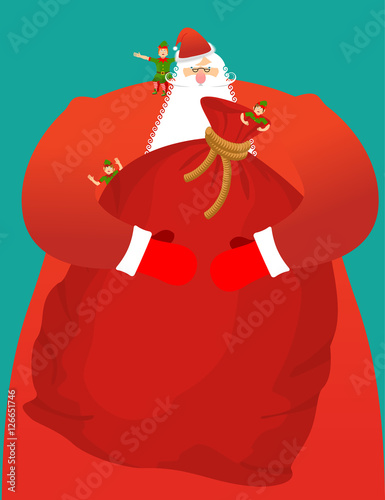 Santa with big bag of gifts. Red sack with toys and sweets. Chri