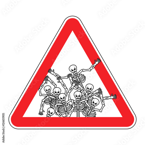 Warning sign of attention sinners. Dangers red sign dead. Skelet