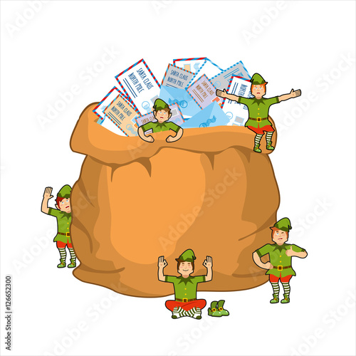 Sack mail post to Santa Claus and elves. Big bag with letters en