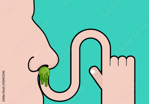 Snivel on finger. Pick your nose booger. Hand and snot. Green sl