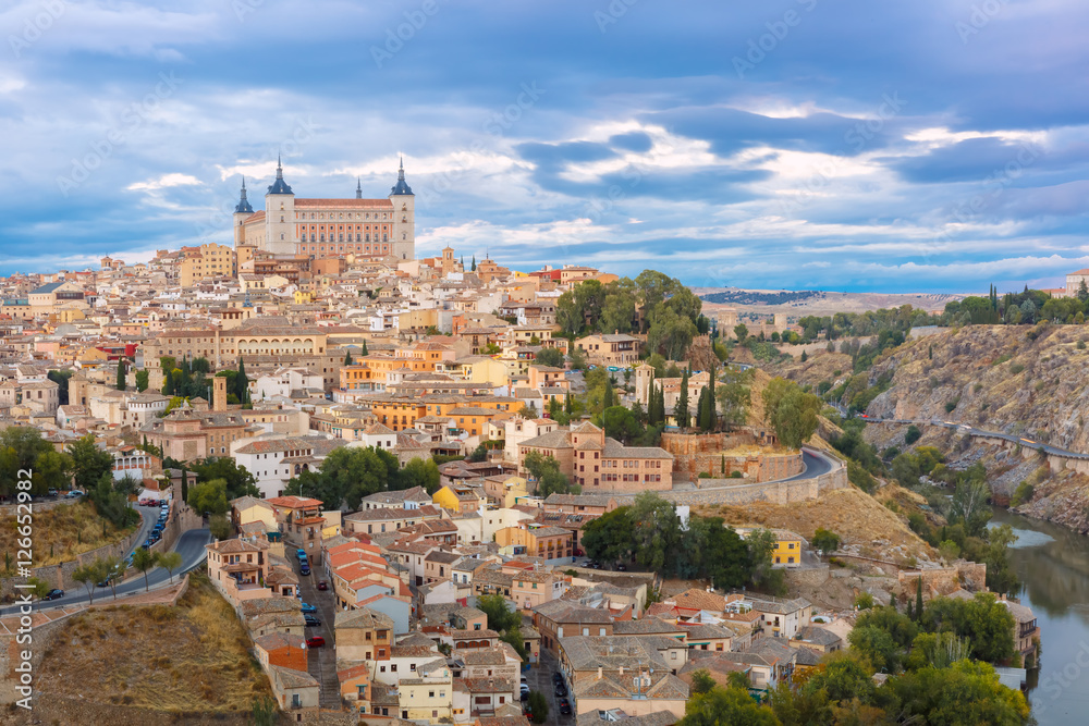 Old city of Toledo with Alcazar at sunset, Castilla La Mancha, Spain