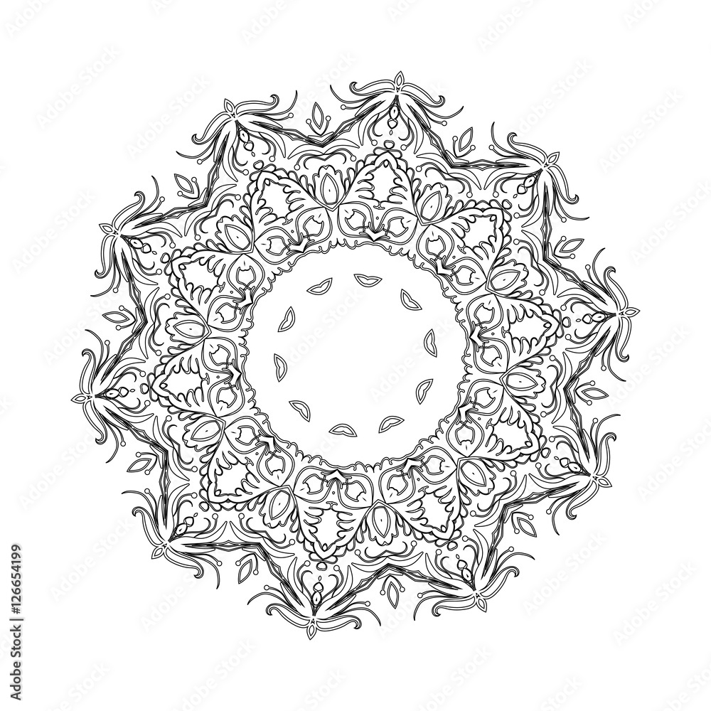 Round mandalas in vector. Graphic template for your design. Decorative retro ornament. Hand drawn background with flowers.