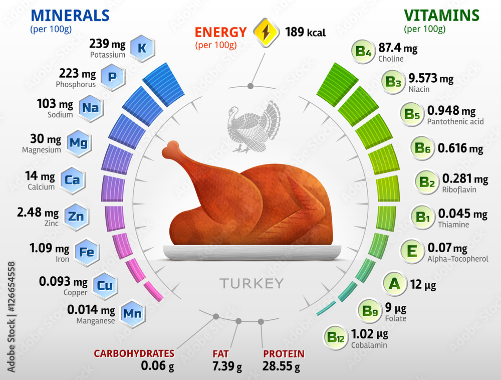 Vitamins and minerals of roast turkey. Infographics about nutrients in