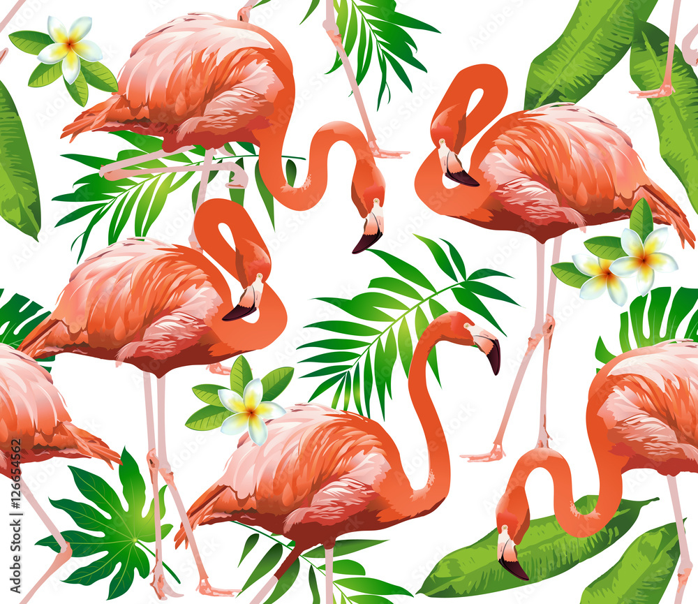 Obraz premium Flamingo Bird and Tropical Flowers Background - Seamless pattern vector 