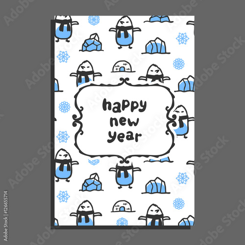Happy new year card template with cute cartoon penguin. Vector doodle icebergs, igloo. Arctic bird wears scarf