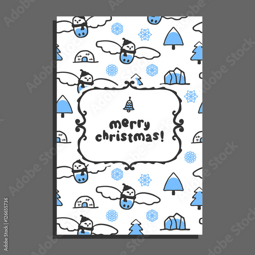 Merry christmas greeting card template with cute cartoon snowy owl. Vector doodle icebergs. Arctic bird wears scarf