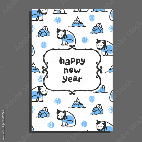 Happy new year card template with cute cartoon polar bear. Vector doodle icebergs. Arctic animal wears scarf