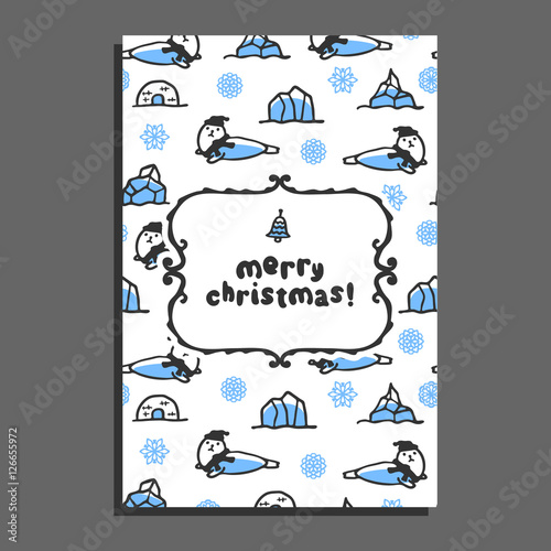 Merry christmas greeting card with cute cartoon seal. Vector doodle snowflakes, and icebergs. Arctic animal wears scarf