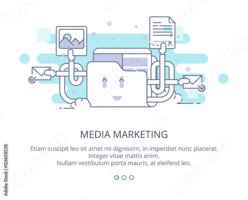 Web Page Design Template of Cloud Computing and Storage. Data Storage, Cloud Computing, Web Sites Hosting, Media Marketing. Flat Layout Style, Line Business Concept, Vector Illustration.