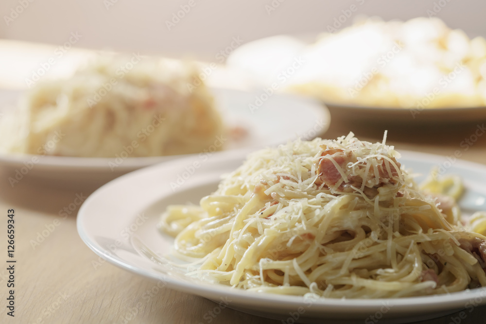 fresh homemade spaghetti carbonara with smoked bacon