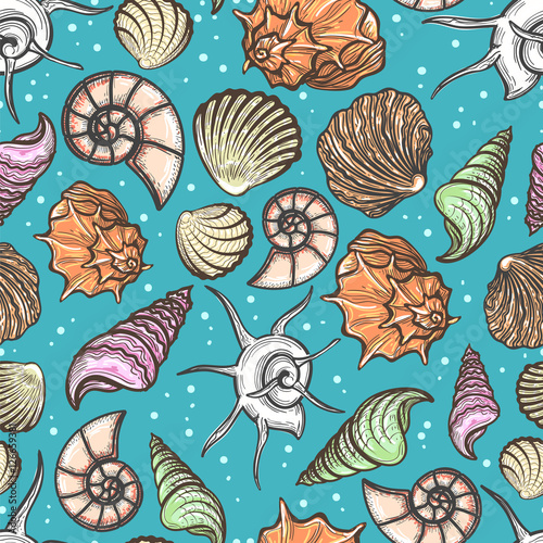 Ocean seamless pattern with colorful seashells vector illustration