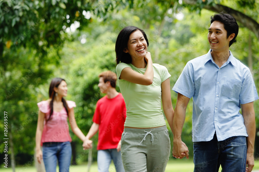 Couple holding hands and walking in park, people in the background Couple holding hands and walking in park, people in the background