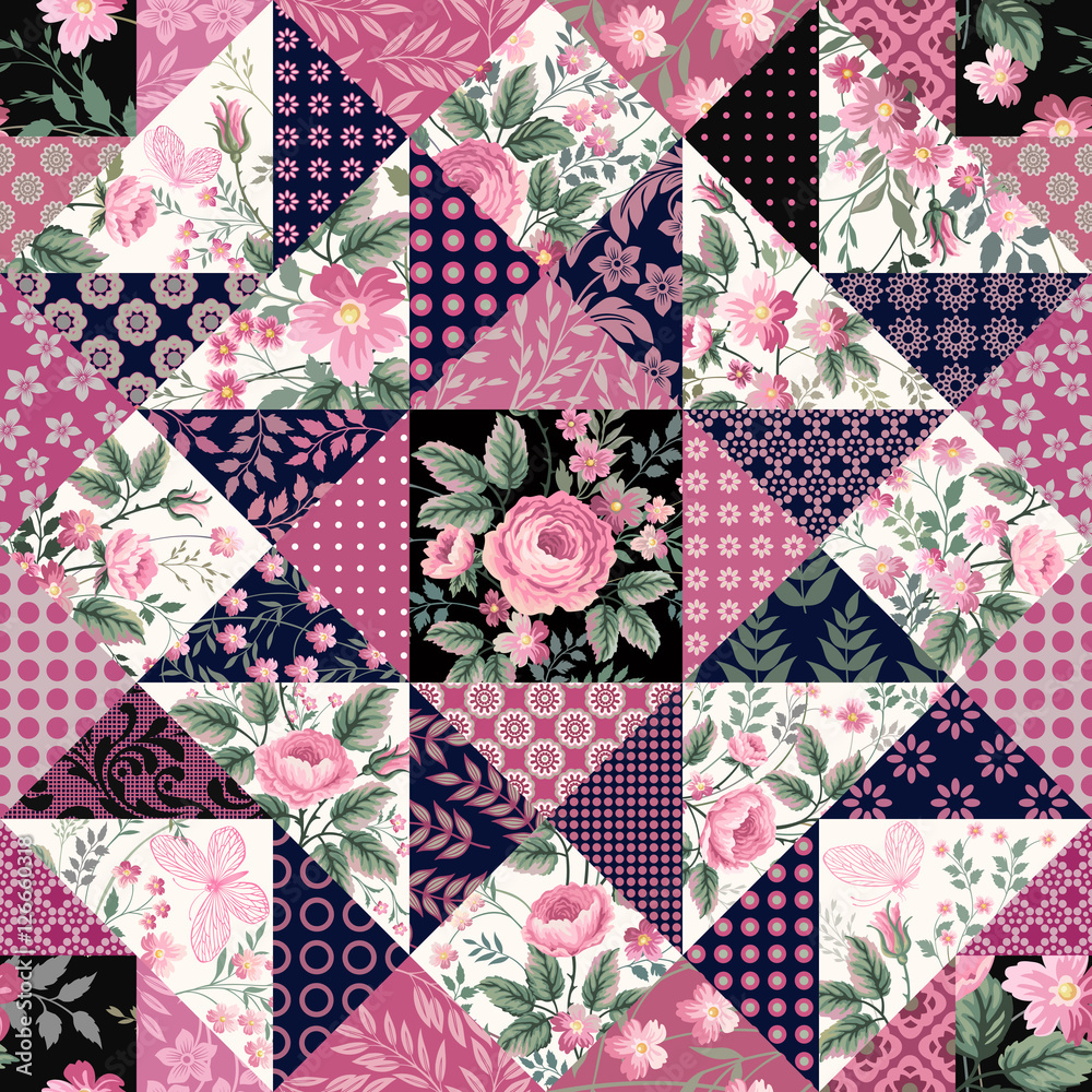 seamless floral patchwork pattern with roses and butterflies - obrazy, fototapety, plakaty 