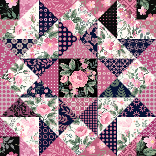 seamless floral patchwork pattern with roses and butterflies