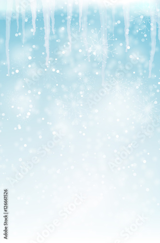 Abstract winter background with snowflakes and icicles