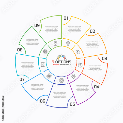 Thin line pie chart infographic template with 9 options. 