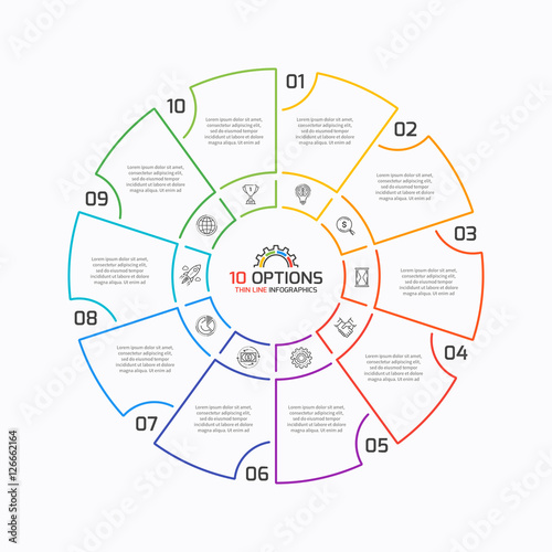 Thin line pie chart infographic template with 10 options. 