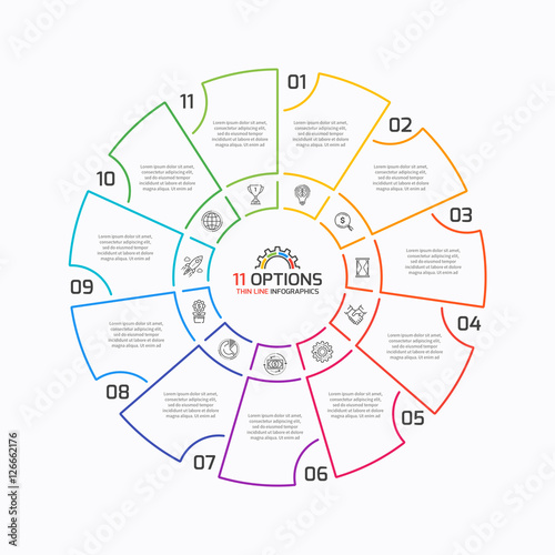 Thin line pie chart infographic template with 11 options. 