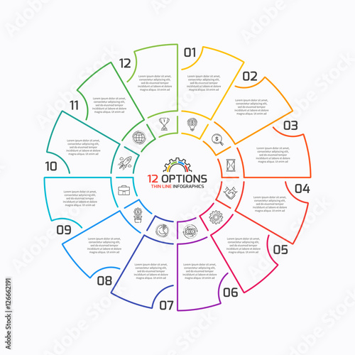Thin line pie chart infographic template with 12 options. 