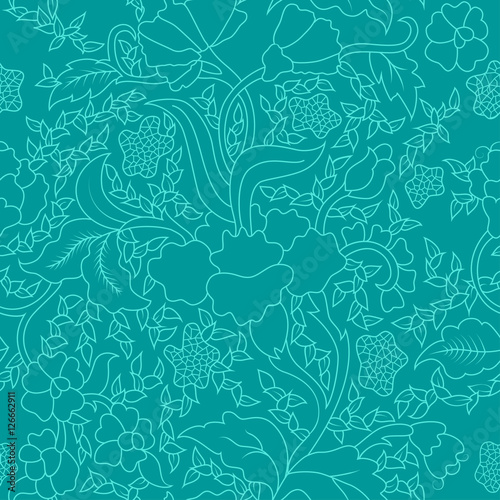 Colorful Blue East Asian Seamless Repeating Floral Pattern
