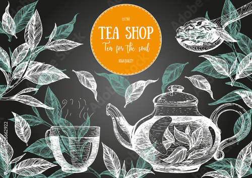 Tea Shop vector illustration. Vector card design with tea. Tea house poster. Vector hand drawn set. Linear graphic