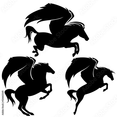 pegasus horses profile black and white vector silhouette set