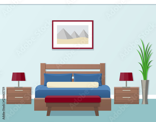 Hotel room interior in flat style. Modern bedroom design. Vector illustration.