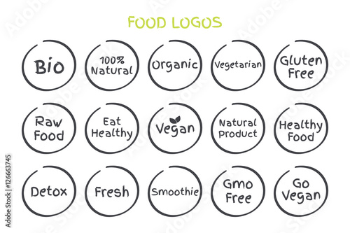 Set of Healthy Food Symbols. Vector Bio, 100% Natural, Organic, Vegetarian, Gluten Free, Raw Food, Eat Healthy, Vegan, Natural Product, Detox, Fresh, Smoothie, GMO Free, Go Vegan