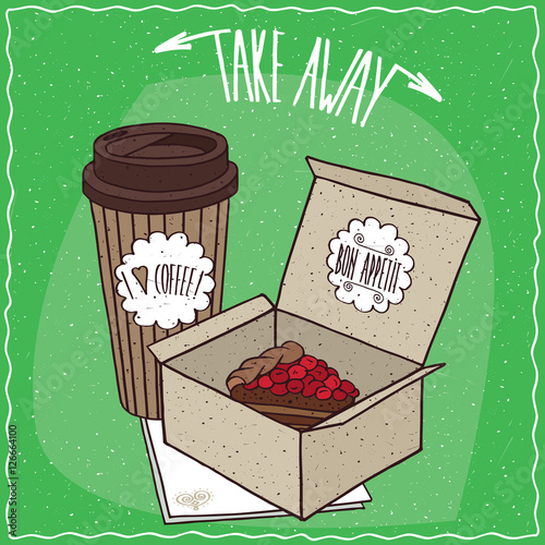Berry pie in carton box and coffee in paper cup, lie on napkin. Take away kit for breakfast concept. Green background. Handmade cartoon style
