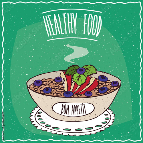 Bowl of oatmeal with apple and blueberries, similar to muesli or granola, lie on lacy napkin. Cyan background and lettering Healthy food. Handmade cartoon style