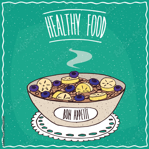 Bowl of oatmeal with bananas and blueberries, similar to muesli or granola, lie on lacy napkin. Cyan background and lettering Healthy food. Handmade cartoon style