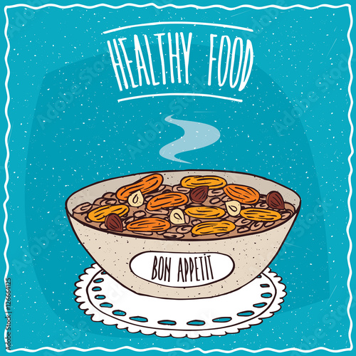 Bowl of oatmeal with dried apricots and hazelnuts, similar to muesli or granola, lie on lacy napkin. Blue background and lettering Healthy food. Handmade cartoon style