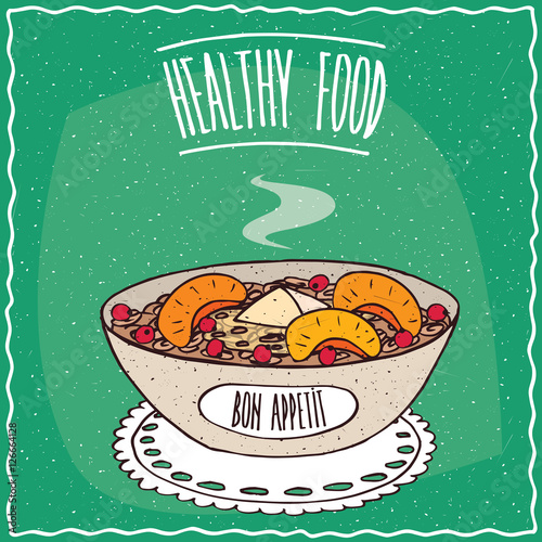 Bowl of oatmeal with peach and red currant, similar to muesli or granola, lie on lacy napkin. Cyan background and lettering Healthy food. Handmade cartoon style