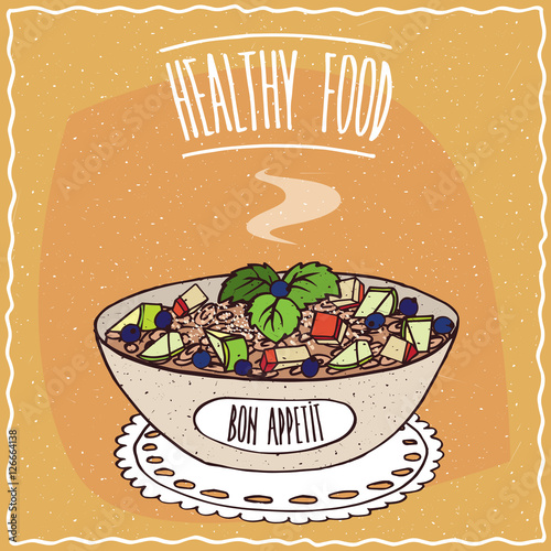 Bowl of oatmeal with slices of apple and pear, similar to muesli or granola, lie on lacy napkin. Yellow background and lettering Healthy food. Handmade cartoon style