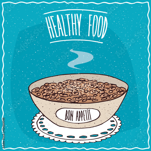 Bowl of oatmeal with sugar, similar to muesli or granola, lie on lacy napkin. Blue background and lettering Healthy food. Handmade cartoon style photo