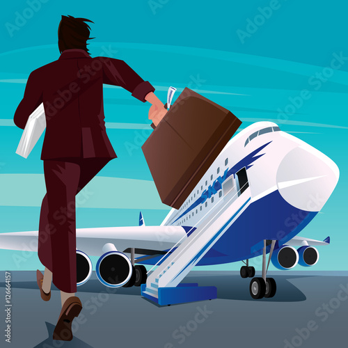 Young adult man in a business suit on the runway running to big modern passenger plane. Missing or late concept